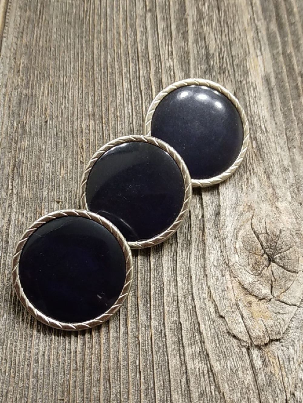 Vintage Round Navy Blue Silver Buttons Set of 3